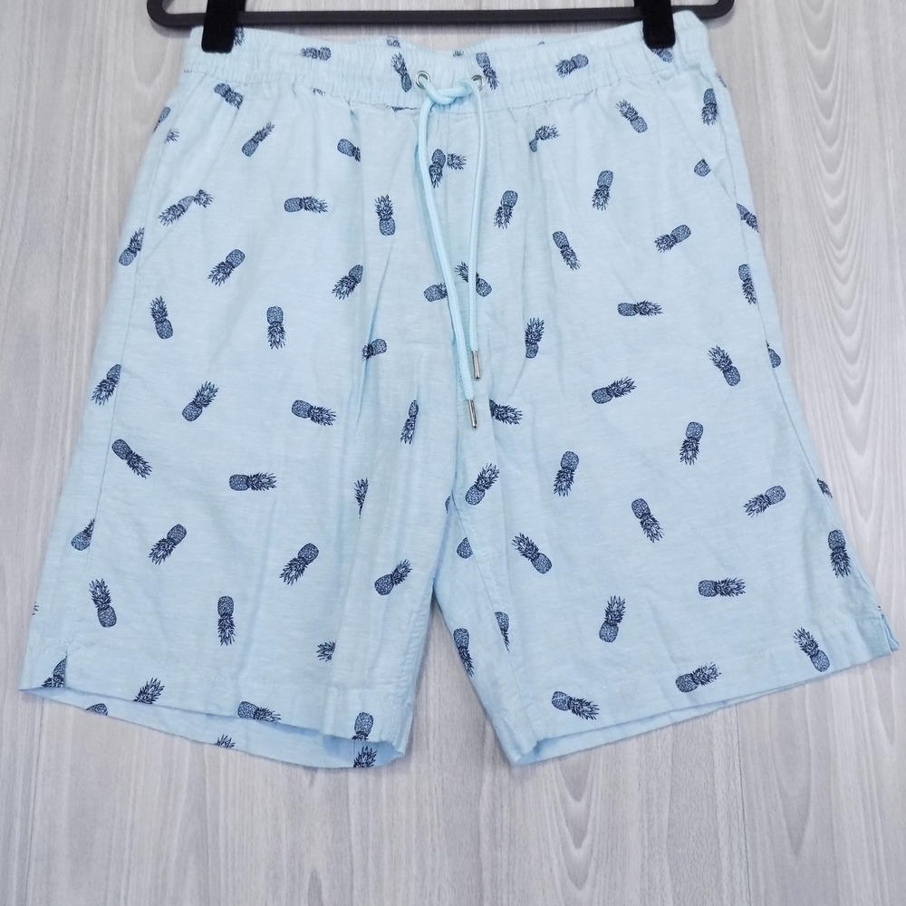 Tenth + Ocean Shorts Mens Medium Blue Excellent Pineapple Linen Blend Drawstring